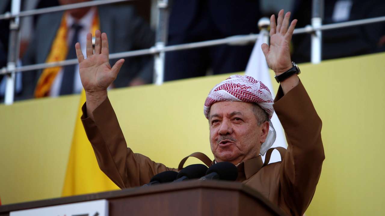 Former Iraqi Kurdistan region's President Masoud Barzani speaks to his supporters ahead of regional elections in Erbil