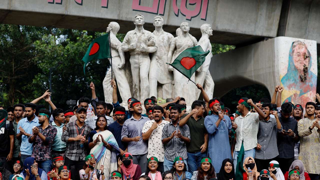 FILE PHOTO: Activists protest against Bangladeshi former PM Hasina at University of Dhaka's TSC, in Dhaka