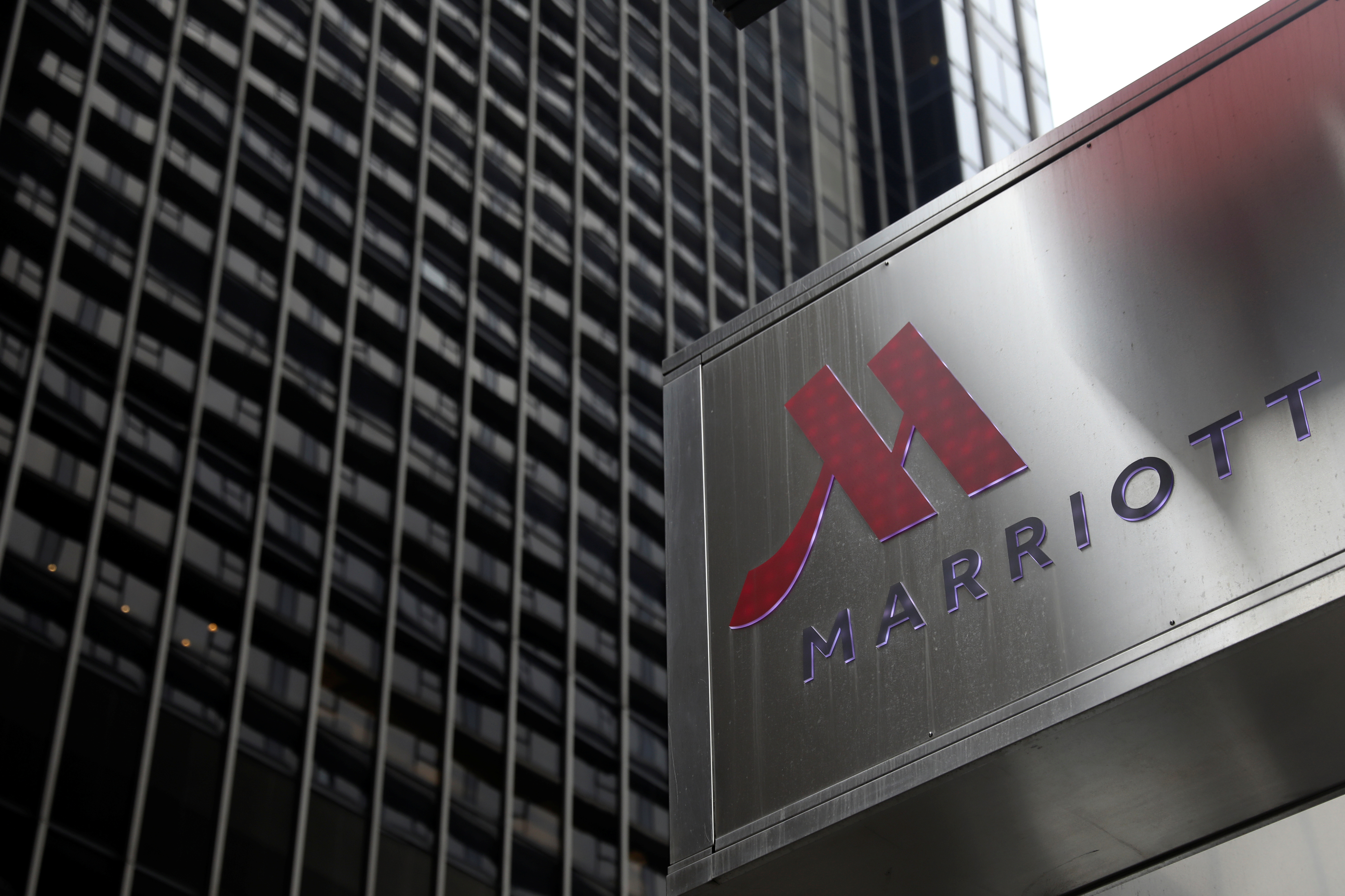 The Marriott logo is seen at the New York Marriott Marquis at Times Square in New York