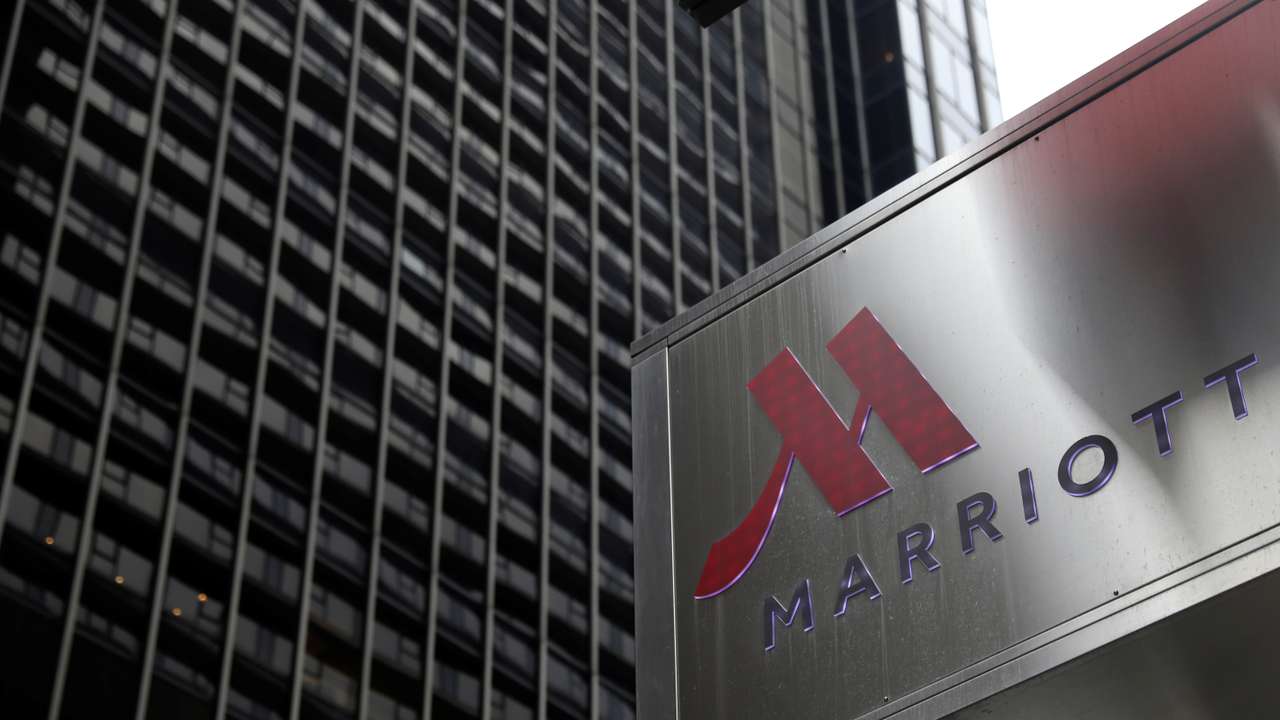The Marriott logo is seen at the New York Marriott Marquis at Times Square in New York