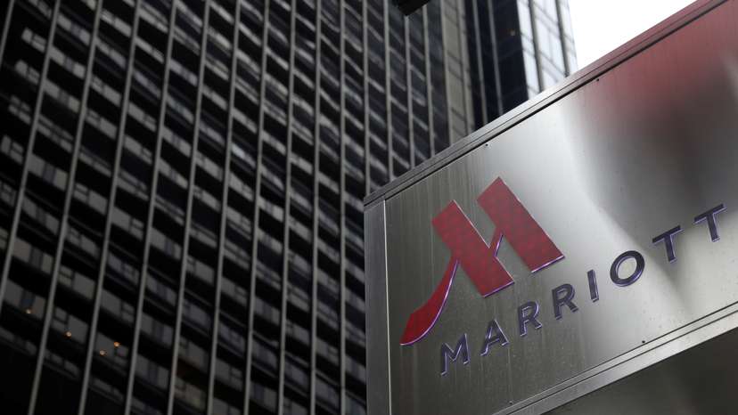 The Marriott logo is seen at the New York Marriott Marquis at Times Square in New York
