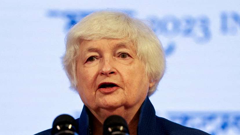 FILE PHOTO: U.S. Treasury Secretary Janet Yellen addresses a news conference during a G20 meeting in Gandhinagar