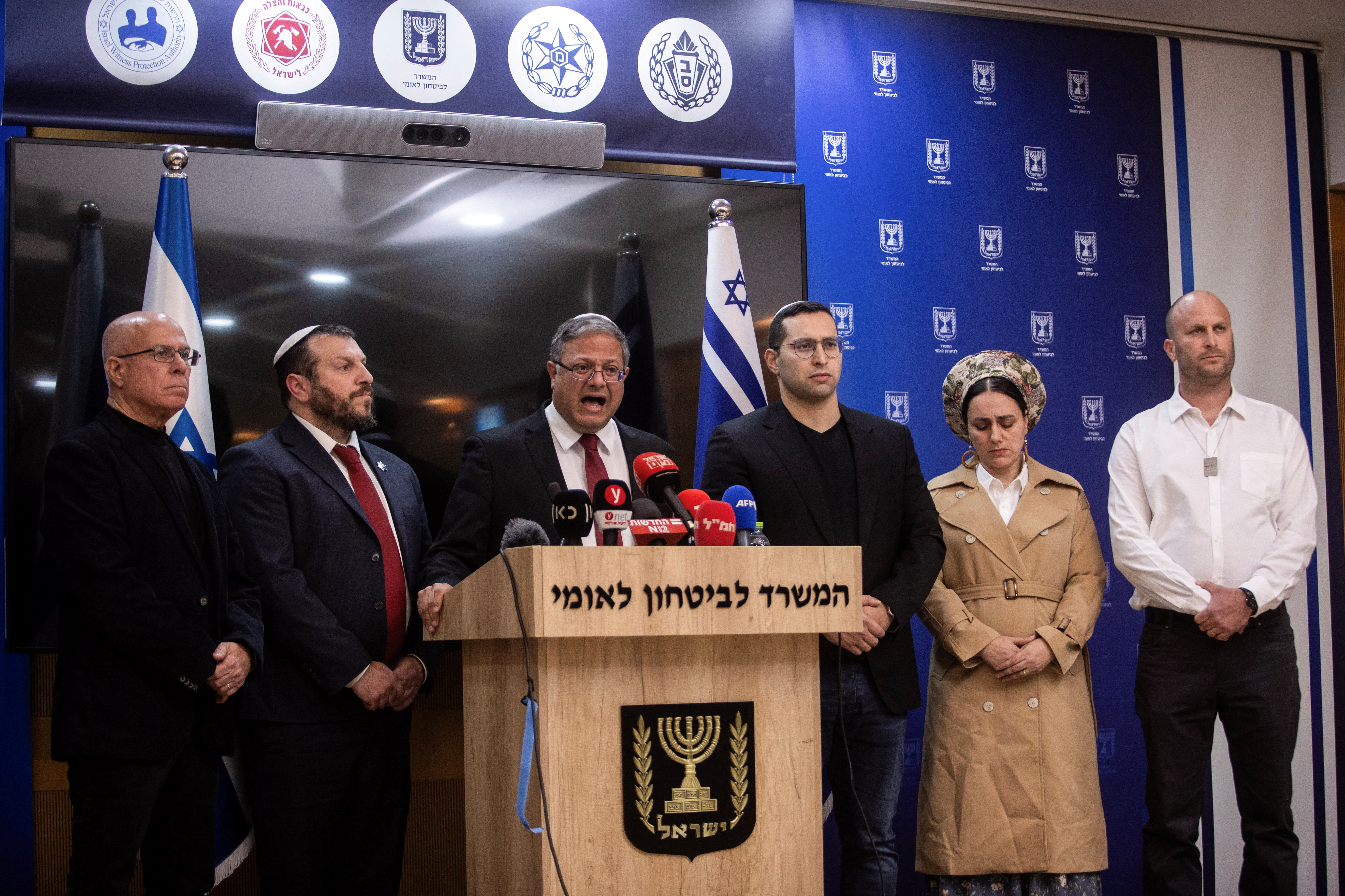 Israeli National Security Minister and head of Jewish Power party, Itamar Ben-Gvir, gives a statement to members of the press, ahead of a possible ceasefire between Israel and Hamas, in Jerusalem