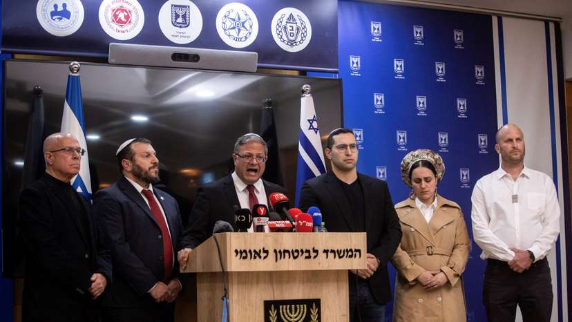 Israeli National Security Minister and head of Jewish Power party, Itamar Ben-Gvir, gives a statement to members of the press, ahead of a possible ceasefire between Israel and Hamas, in Jerusalem