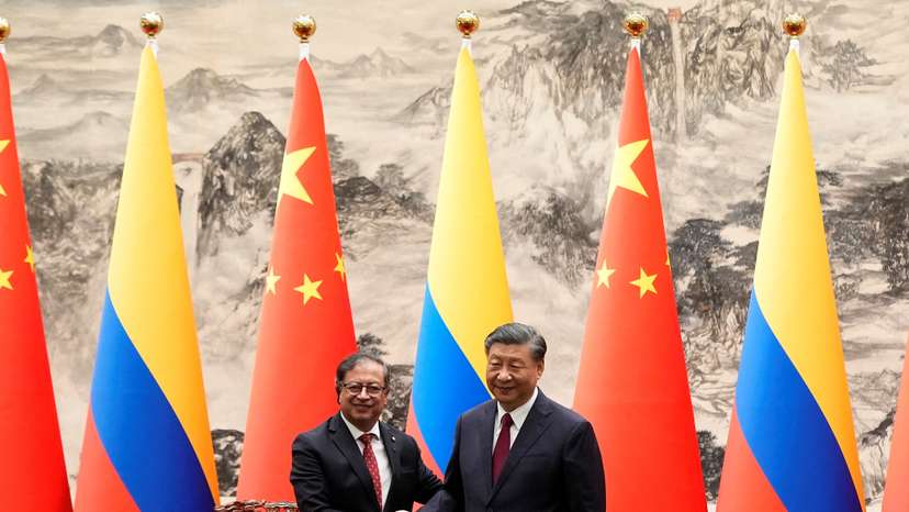 Colombian President Gustavo Petro meets Chinese President Xi Jinping during a welcoming ceremony in Beijing