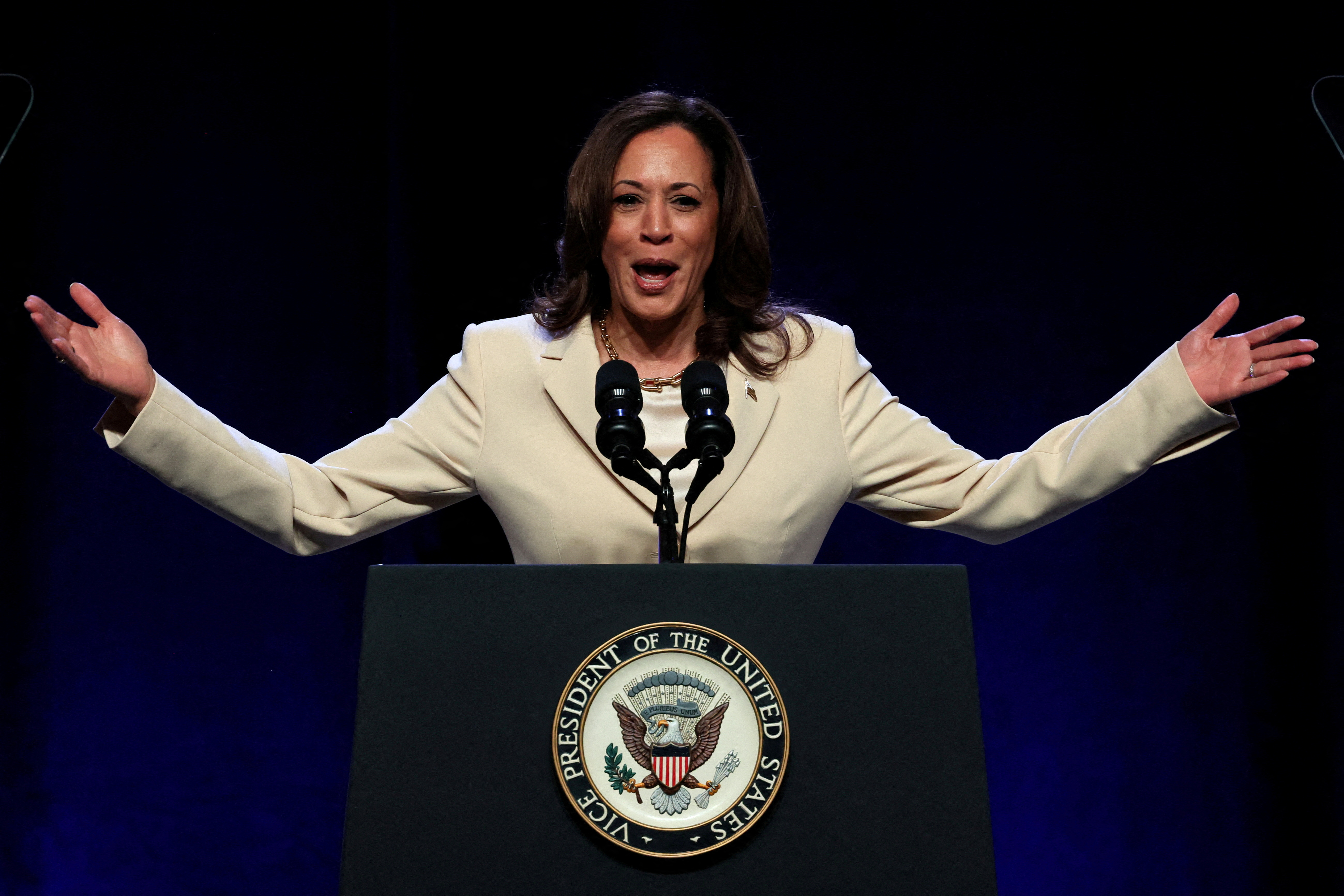 FILE PHOTO: U.S. Vice President Kamala Harris speaks during the Constitutional Convention of UNITE HERE in New York