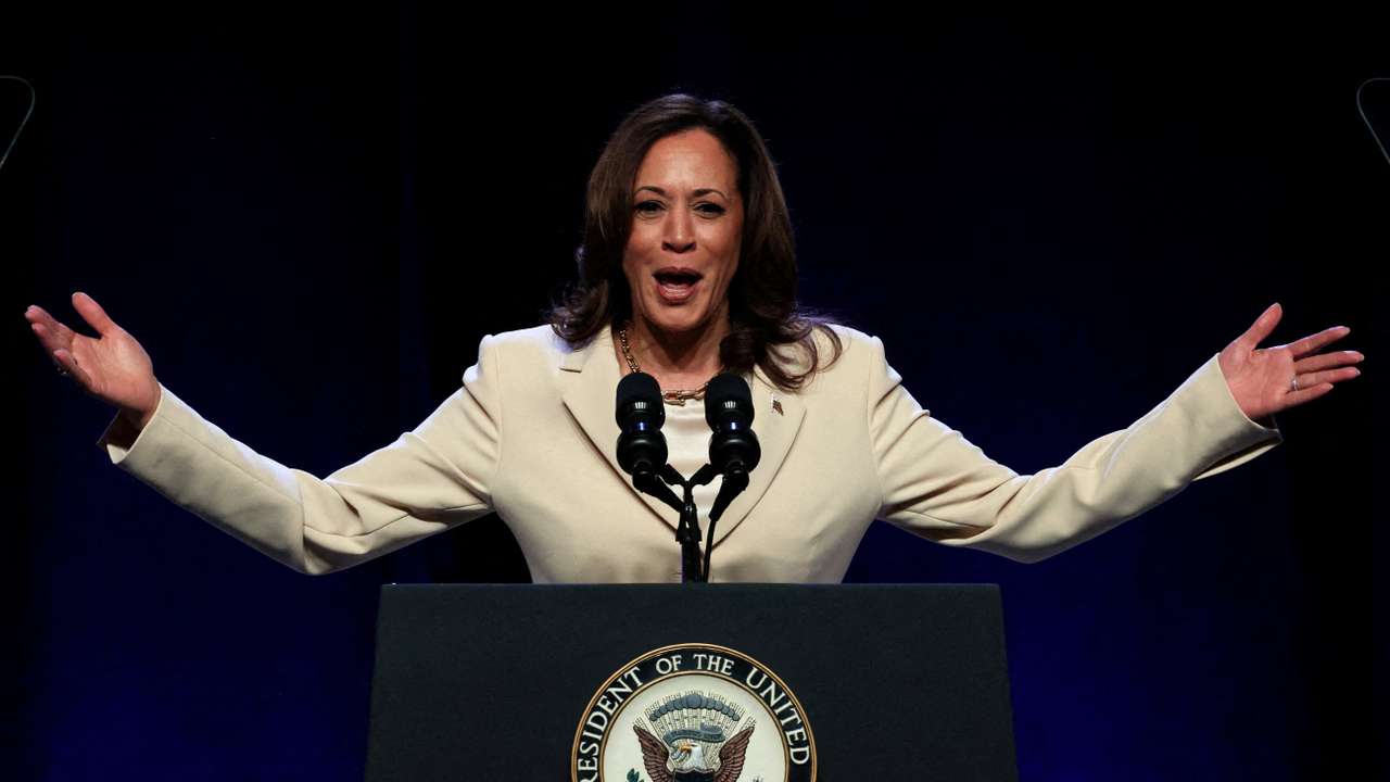 FILE PHOTO: U.S. Vice President Kamala Harris speaks during the Constitutional Convention of UNITE HERE in New York