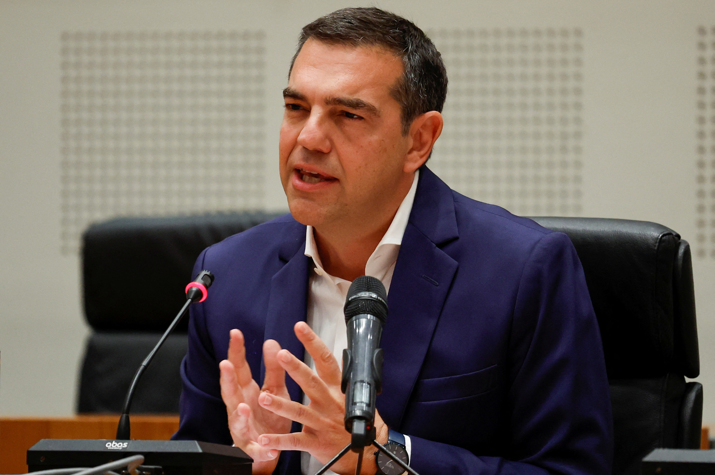 Leftist Syriza party leader Alexis Tsipras makes a statement in Athens