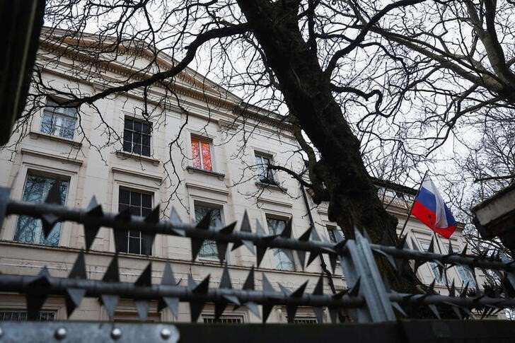FILE PHOTO: Russian Embassy in London on the day of Alexei Navalny's death