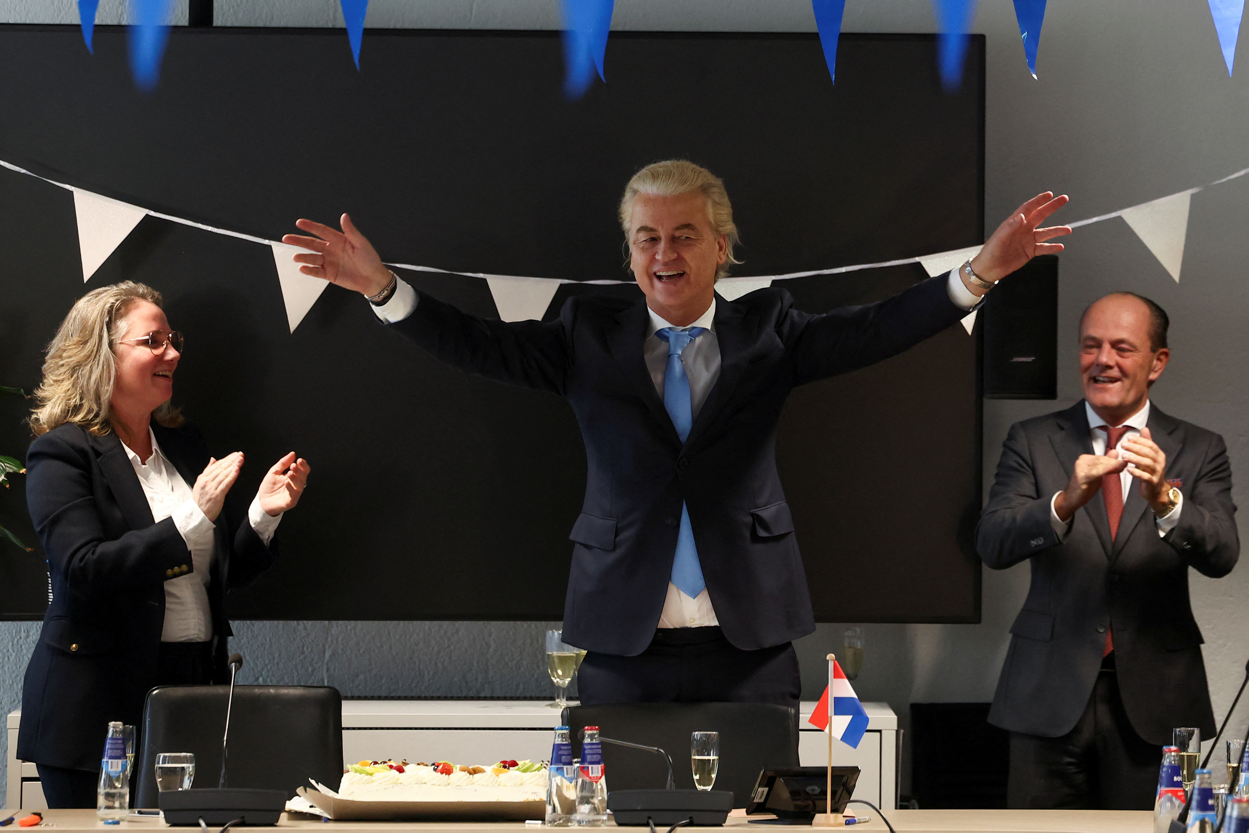 PVV party leader Geert Wilders meets with members of his party at the Dutch Parliament