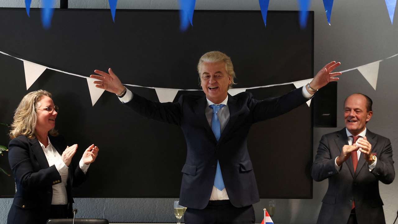 PVV party leader Geert Wilders meets with members of his party at the Dutch Parliament