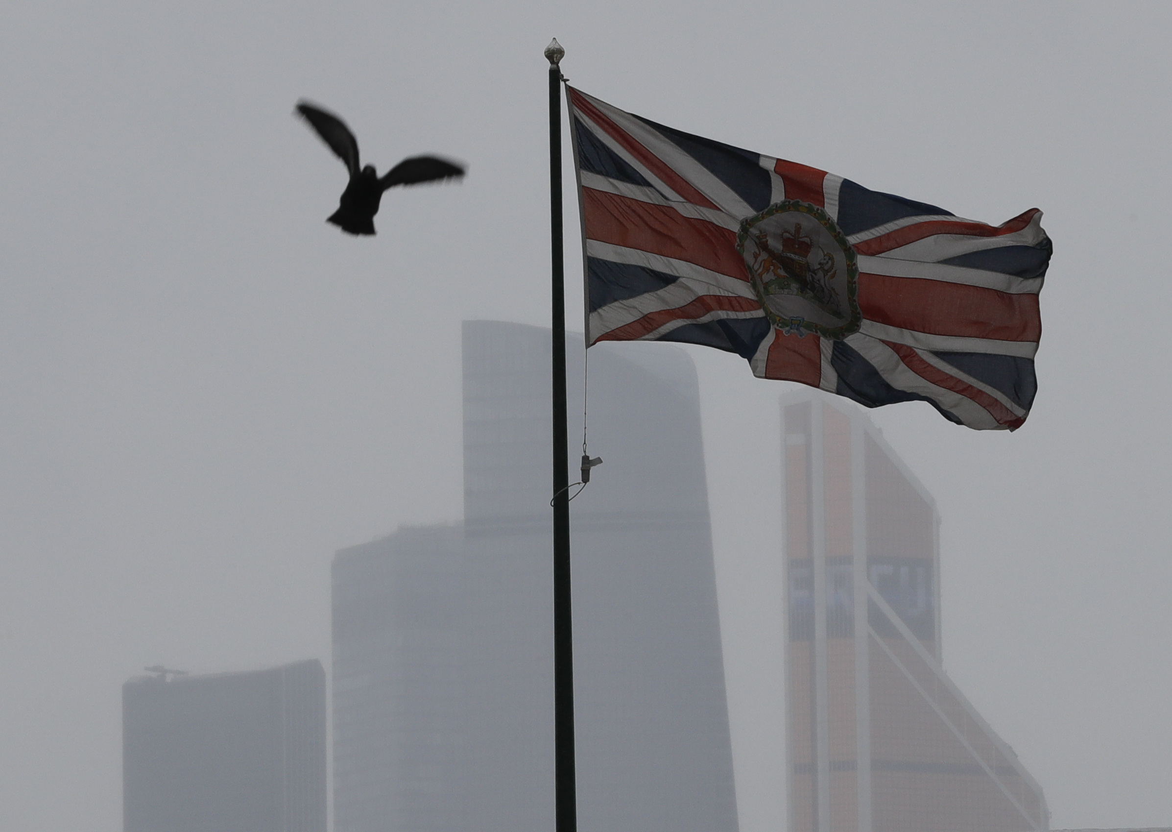 FILE PHOTO: The British flag flies on the embassy building in front of the Moscow International Business Center in Moscow