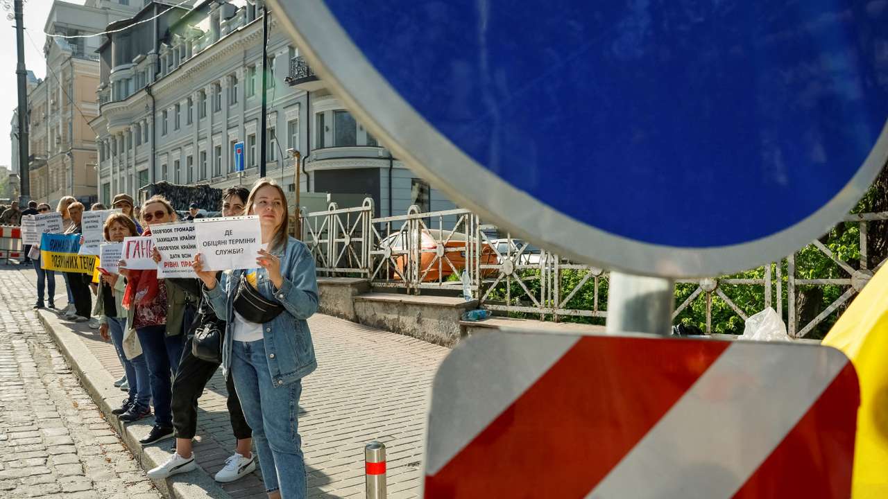 FILE PHOTO: Relatives of Ukrainian servicemen attend a rally to demand lawmakers to determine terms of demobilization, in Kyiv