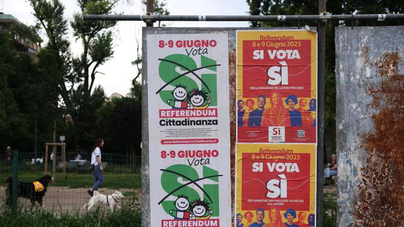 A view shows banners in favour of five abrogative referendum that will take place on jobs and Italian citizenship in Milan
