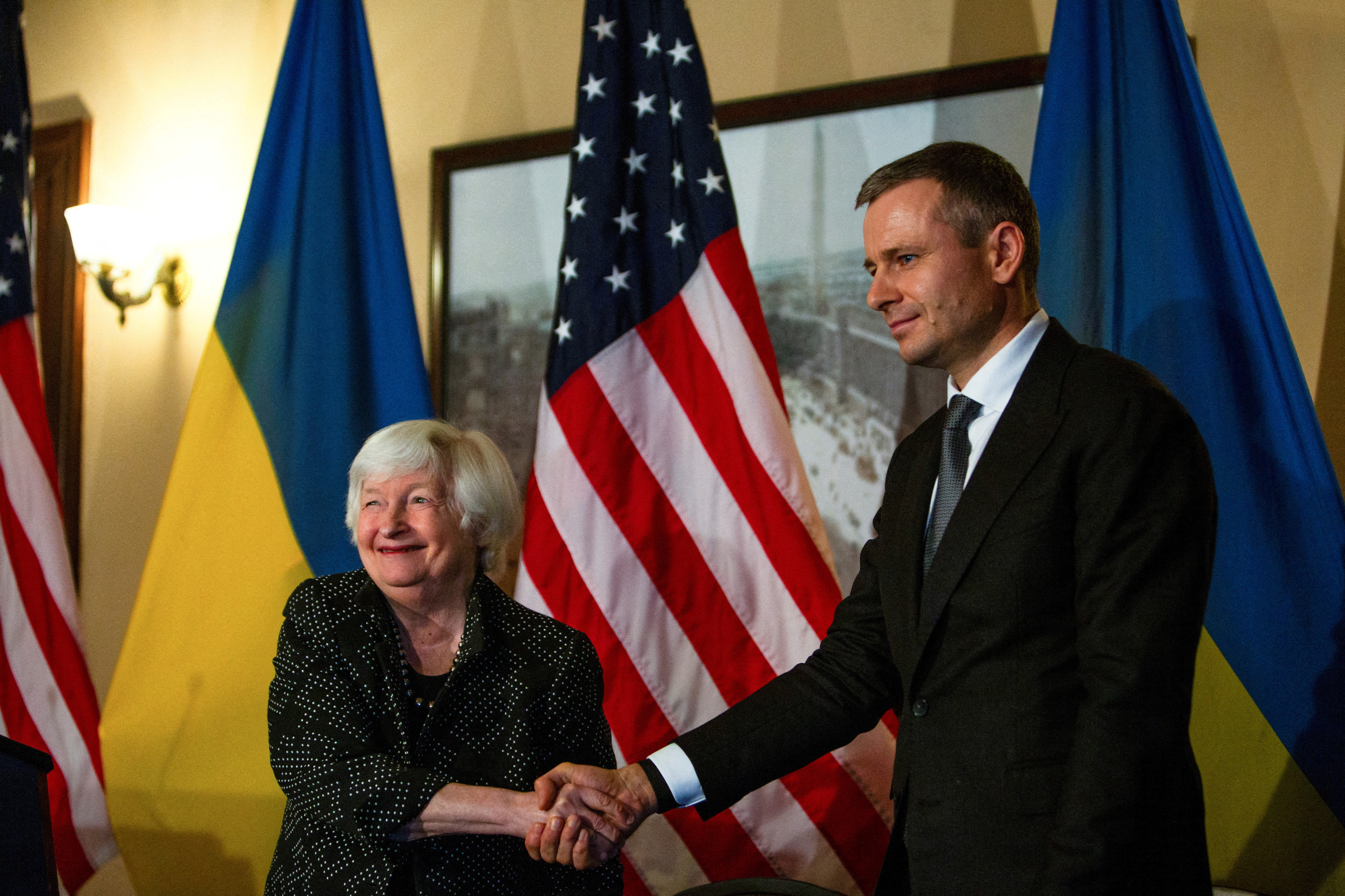 FILE PHOTO: U.S. Treasury Secretary Janet Yellen holds a bilateral meeting with Ukraine Finance Minister Sergii Marchenko on the sidelines of the IMF and WB annual meetings, at the Treasury Department in Washington