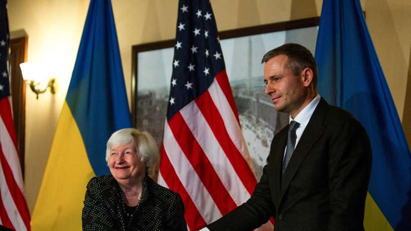 FILE PHOTO: U.S. Treasury Secretary Janet Yellen holds a bilateral meeting with Ukraine Finance Minister Sergii Marchenko on the sidelines of the IMF and WB annual meetings, at the Treasury Department in Washington