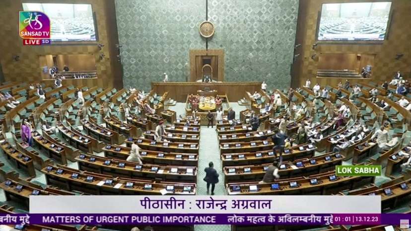 A man jumps into lawmakers' area in the lower house of Indian Parliament, in New Delhi
