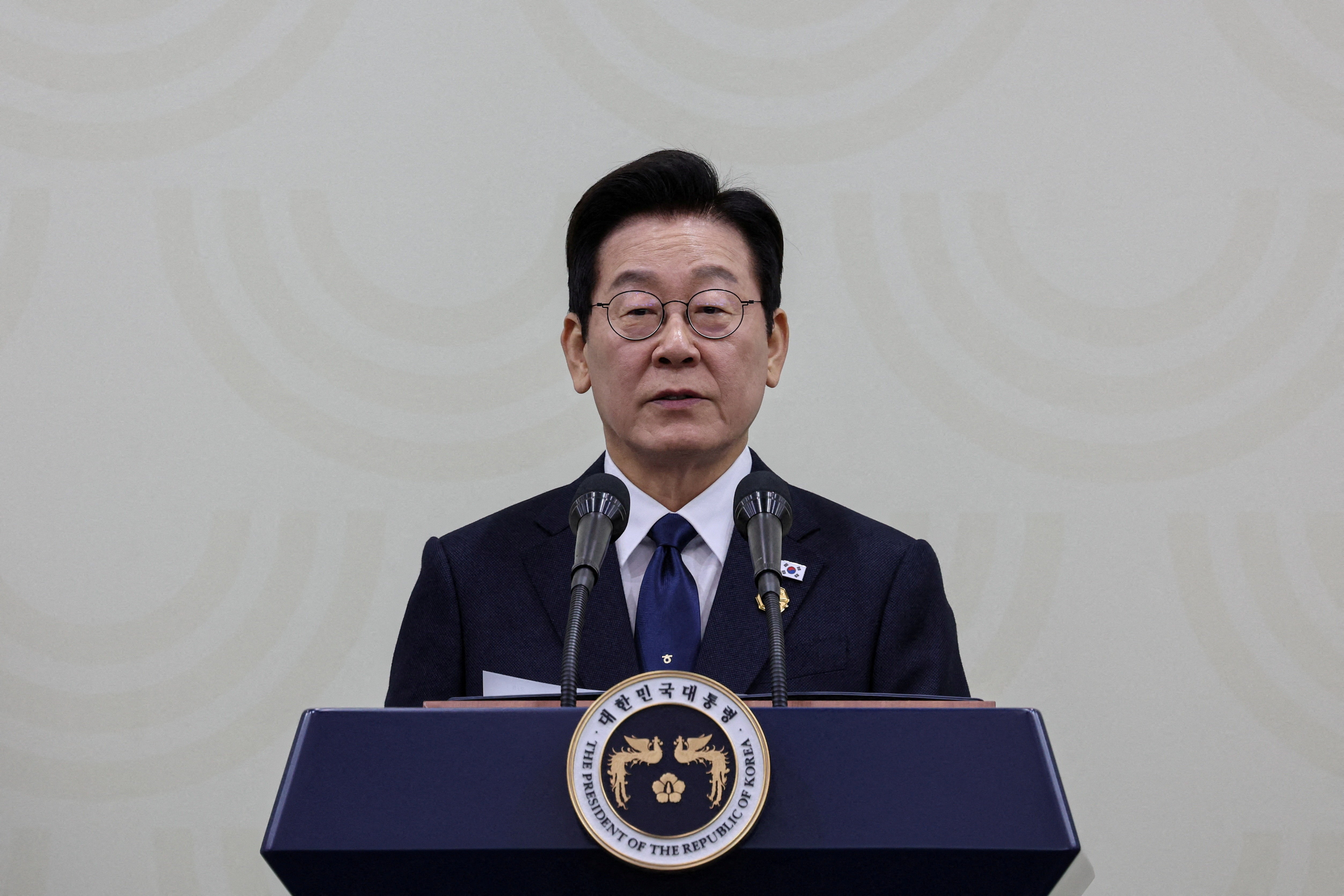 South Korea's President Lee Jae-myung speaks during a press conference during the Asia-Pacific Economic Cooperation (APEC) Summit in Gyeongju