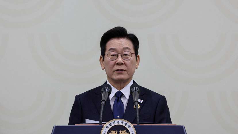 South Korea's President Lee Jae-myung speaks during a press conference during the Asia-Pacific Economic Cooperation (APEC) Summit in Gyeongju