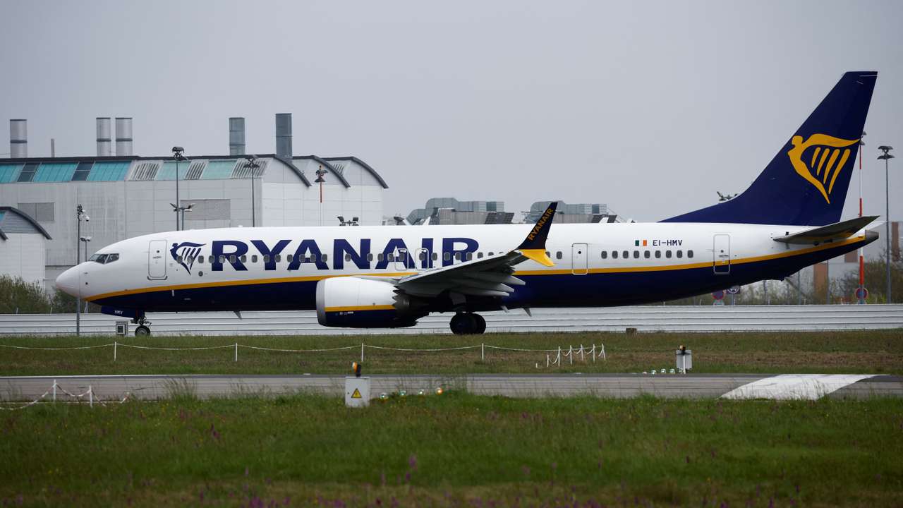 A Ryanair Boeing 737 MAX 8-200 Aircraft prepares to take off from the Nantes Atlantique Airport in Bouguenais