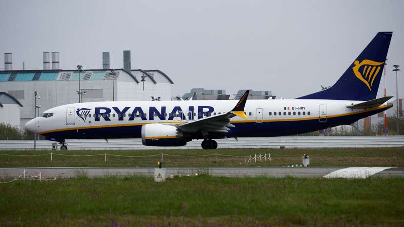 A Ryanair Boeing 737 MAX 8-200 Aircraft prepares to take off from the Nantes Atlantique Airport in Bouguenais