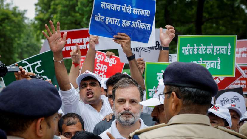 Indian opposition lawmakers protest against what they say are electoral malpractices, in New Delhi