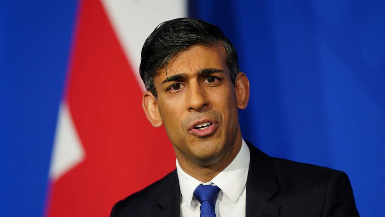 Rishi Sunak attends a press conference in the Downing Street Briefing Room