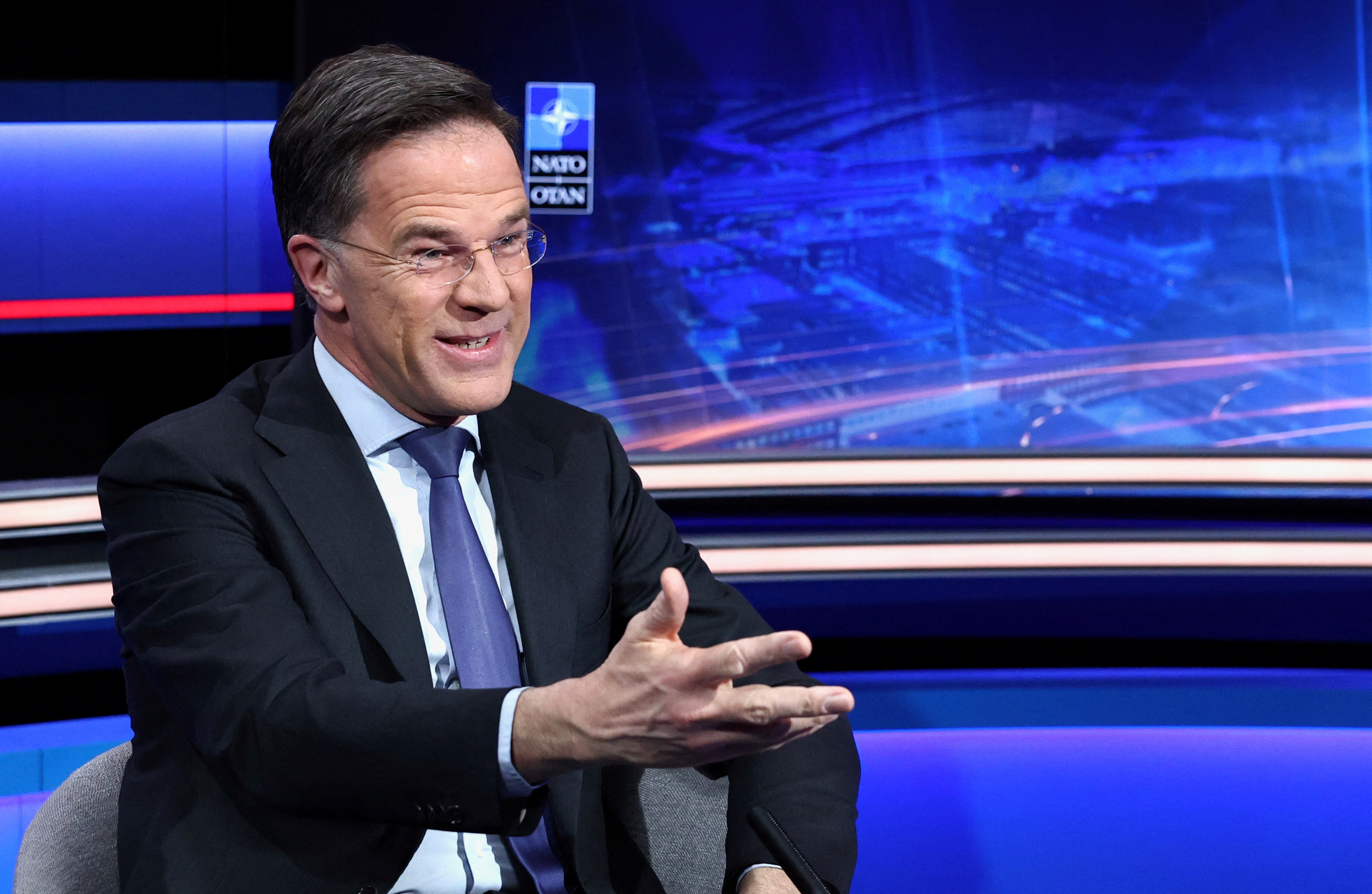 NATO Secretary General Mark Rutte reacts during a one-on-one interview with Reuters on the Iran crisis and Ukraine war in Brussels