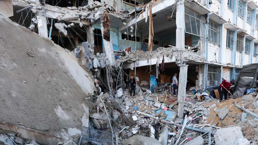 Aftermath of an Israeli strike on an UNRWA school sheltering displaced people, in the Bureij camp in the central Gaza Strip