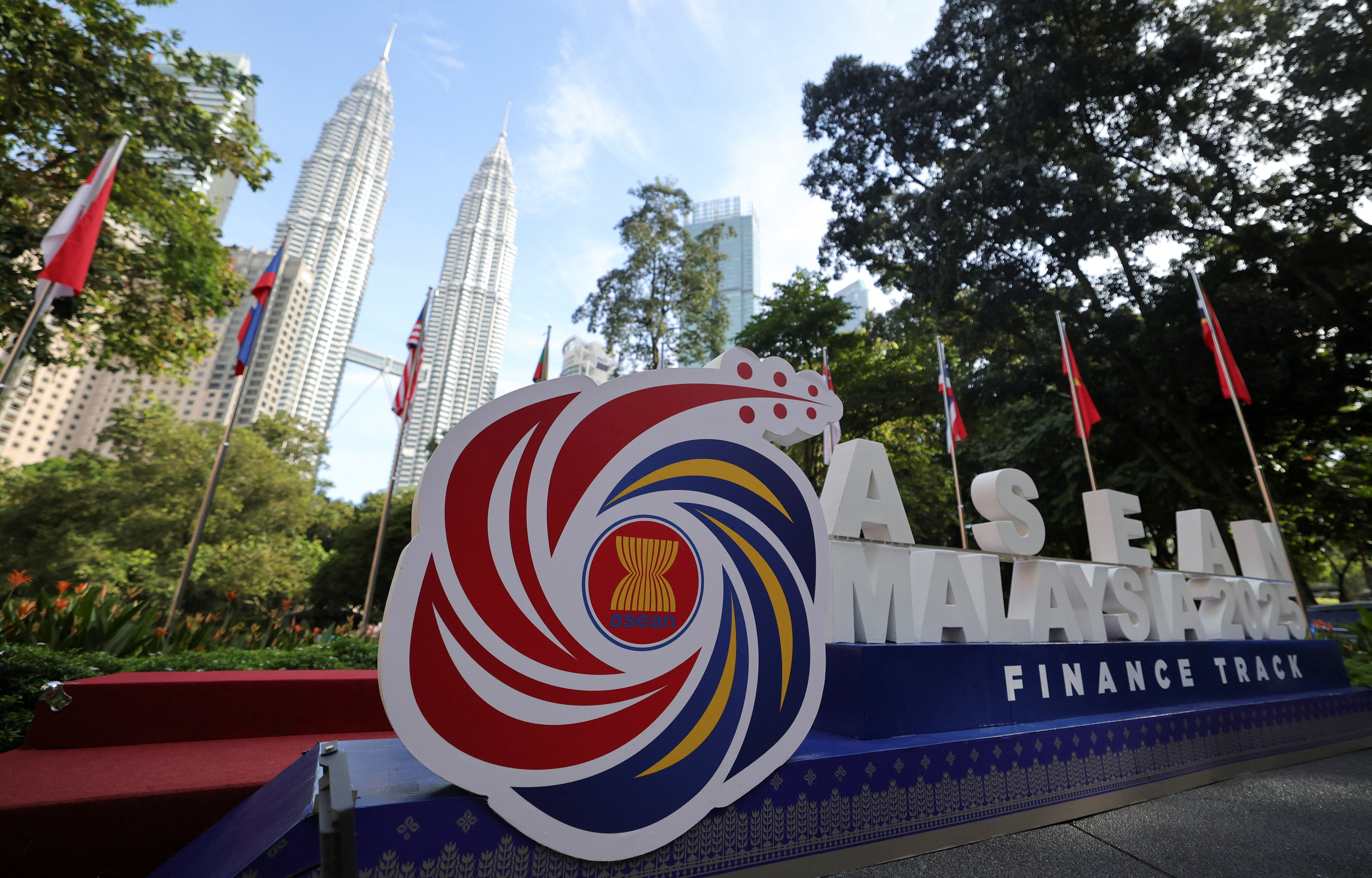 The ASEAN logo displayed outside the venue of the ASEAN Finance Ministers' and Central Bank Governors' Meeting in Kuala Lumpur