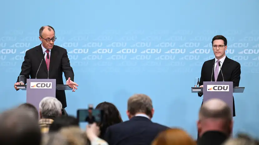 German Chancellor Merz holds a press conference after the Baden-Wuerttemberg state election, in Berlin