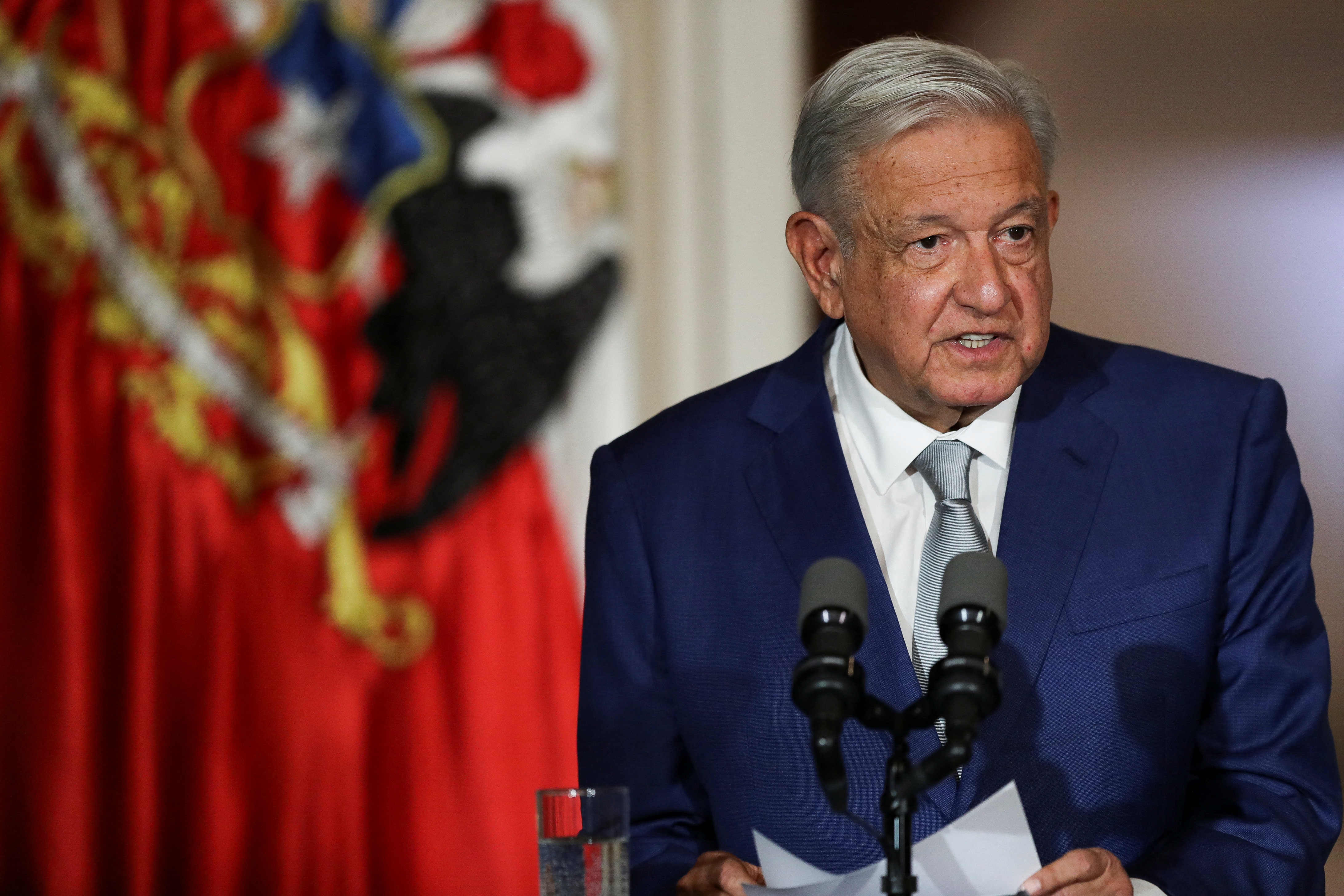 Chile's President Gabriel Boric and Mexico's President Andres Manuel Lopez Obrador meet at La Moneda government palace in Santiago