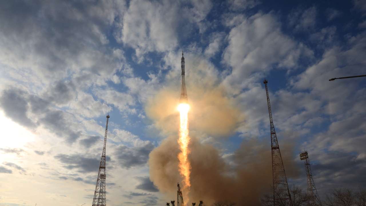 The Soyuz MS-25 spacecraft blasts off to the International Space Station (ISS) from the launchpad at the Baikonur Cosmodrome