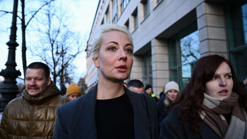 Yulia Navalnaya looks on after leaving the Russian Embassy, in Berlin