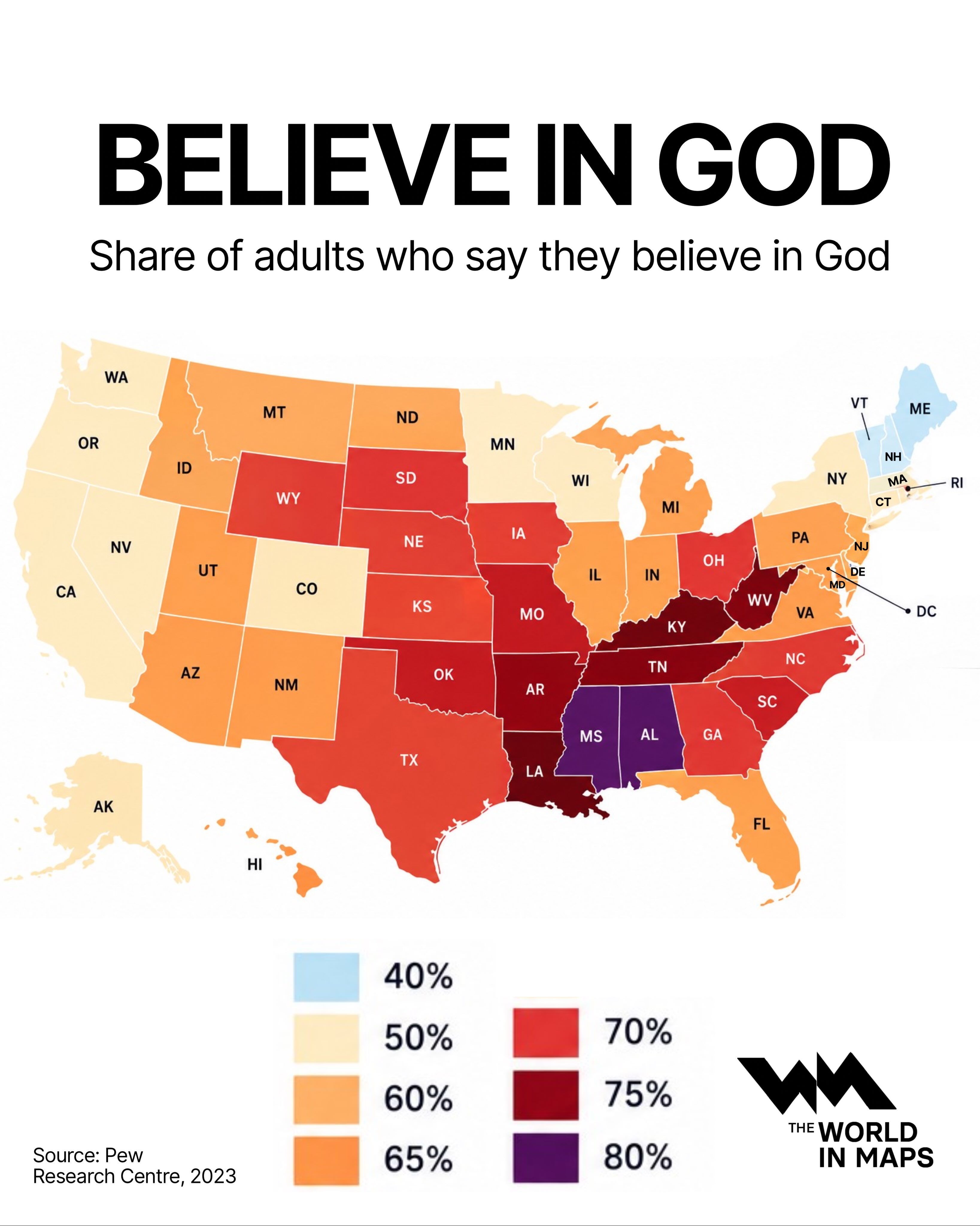 Belief in God remains highest in the US South and lowest in the Northeast