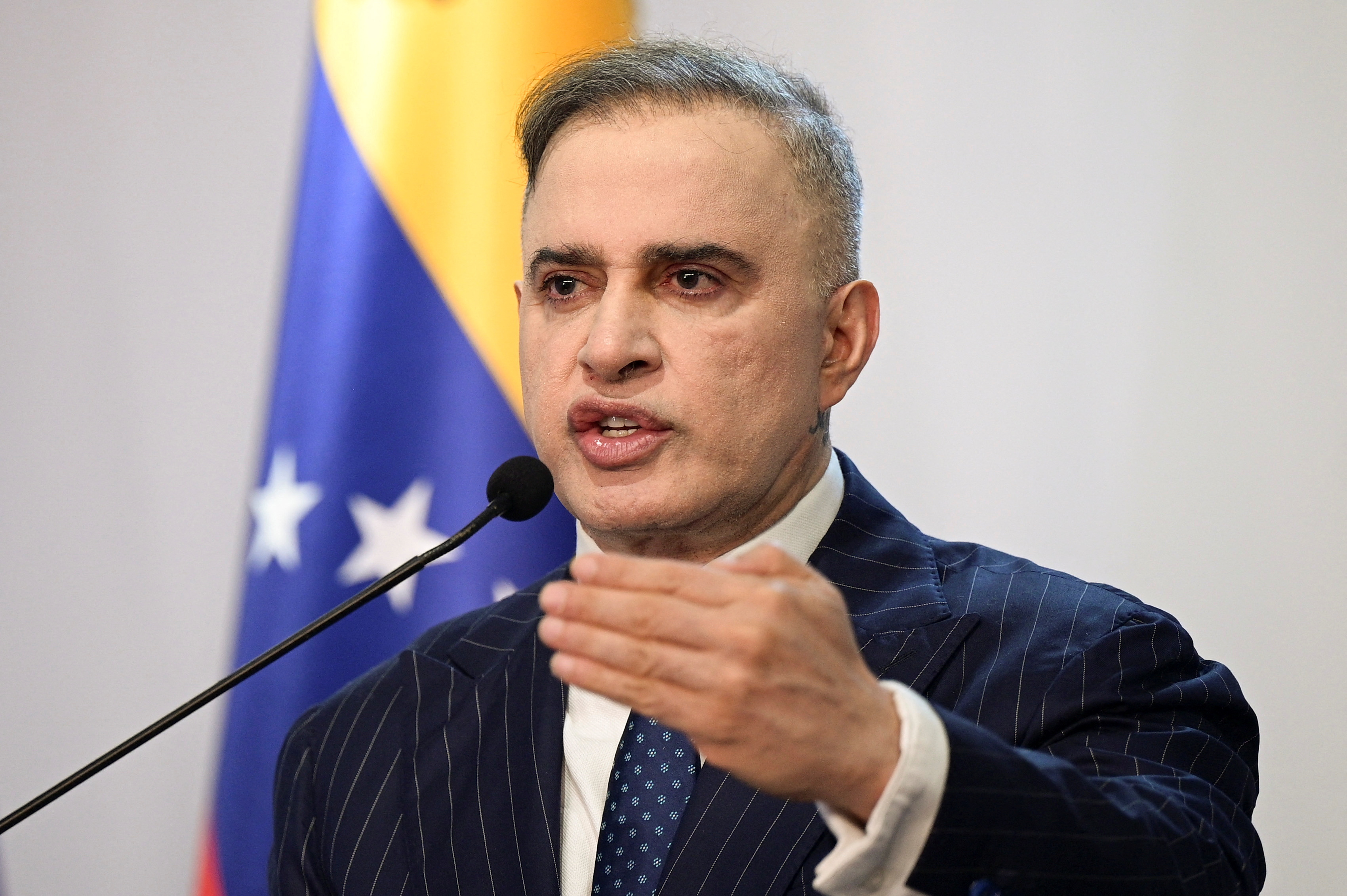 Venezuela's Attorney General Tarek Saab addresses the media, in Caracas
