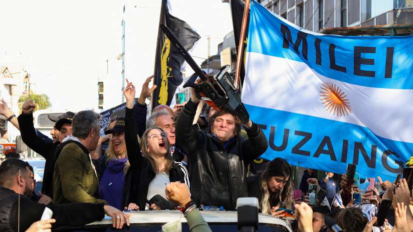 Argentine presidential candidate Javier Milei meets supporters during a campaign rally, in Buenos Aires