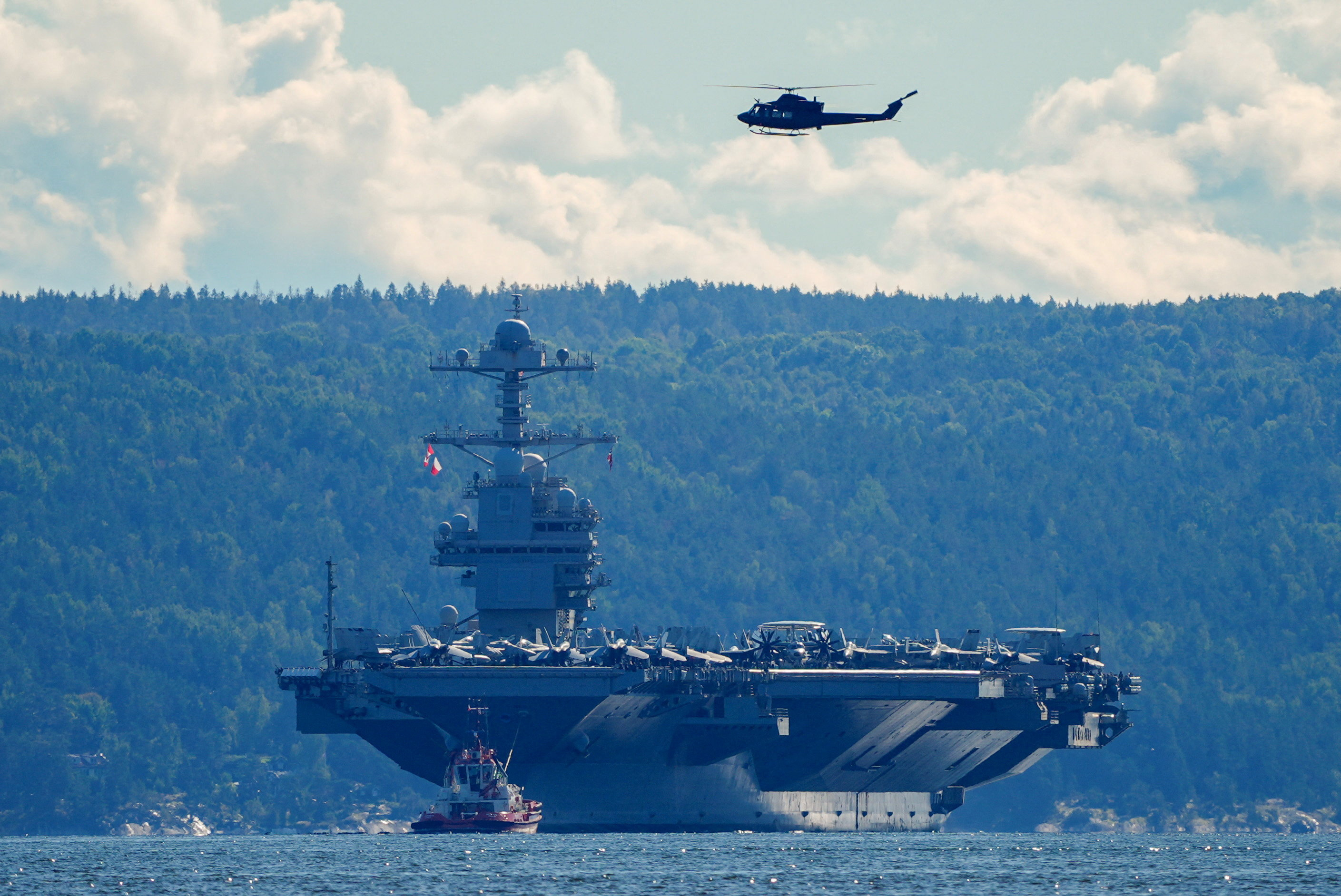 U.S. aircraft carrier USS Gerald R. Ford on its way out of the Oslofjord