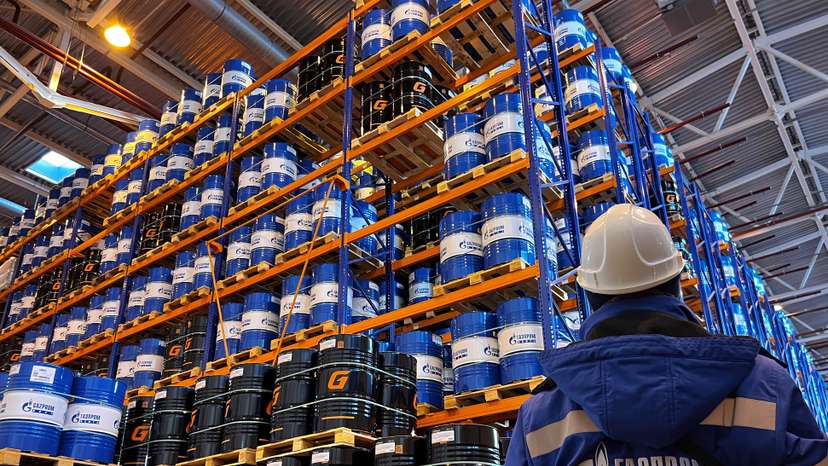 An employee works at Gazprom Neft's Omsk Lubricant Plant (OZSM) in Omsk