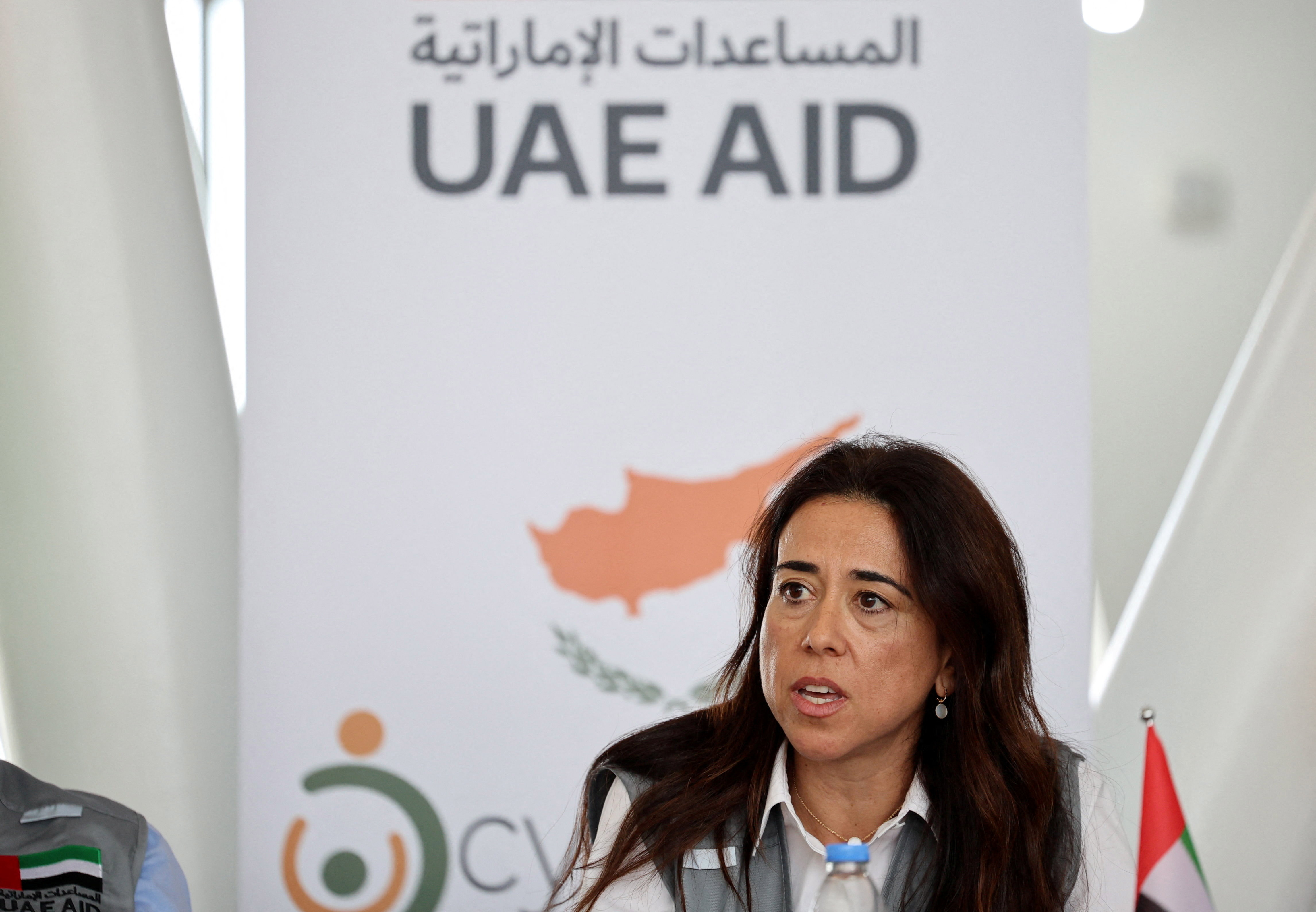 UAE Minister of State Lana Nusseibeh speaks to media at Limassol port, Cyprus, where aid is accumulating for the people of Gaza