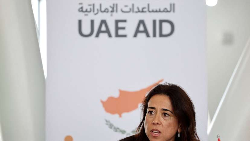 UAE Minister of State Lana Nusseibeh speaks to media at Limassol port, Cyprus, where aid is accumulating for the people of Gaza
