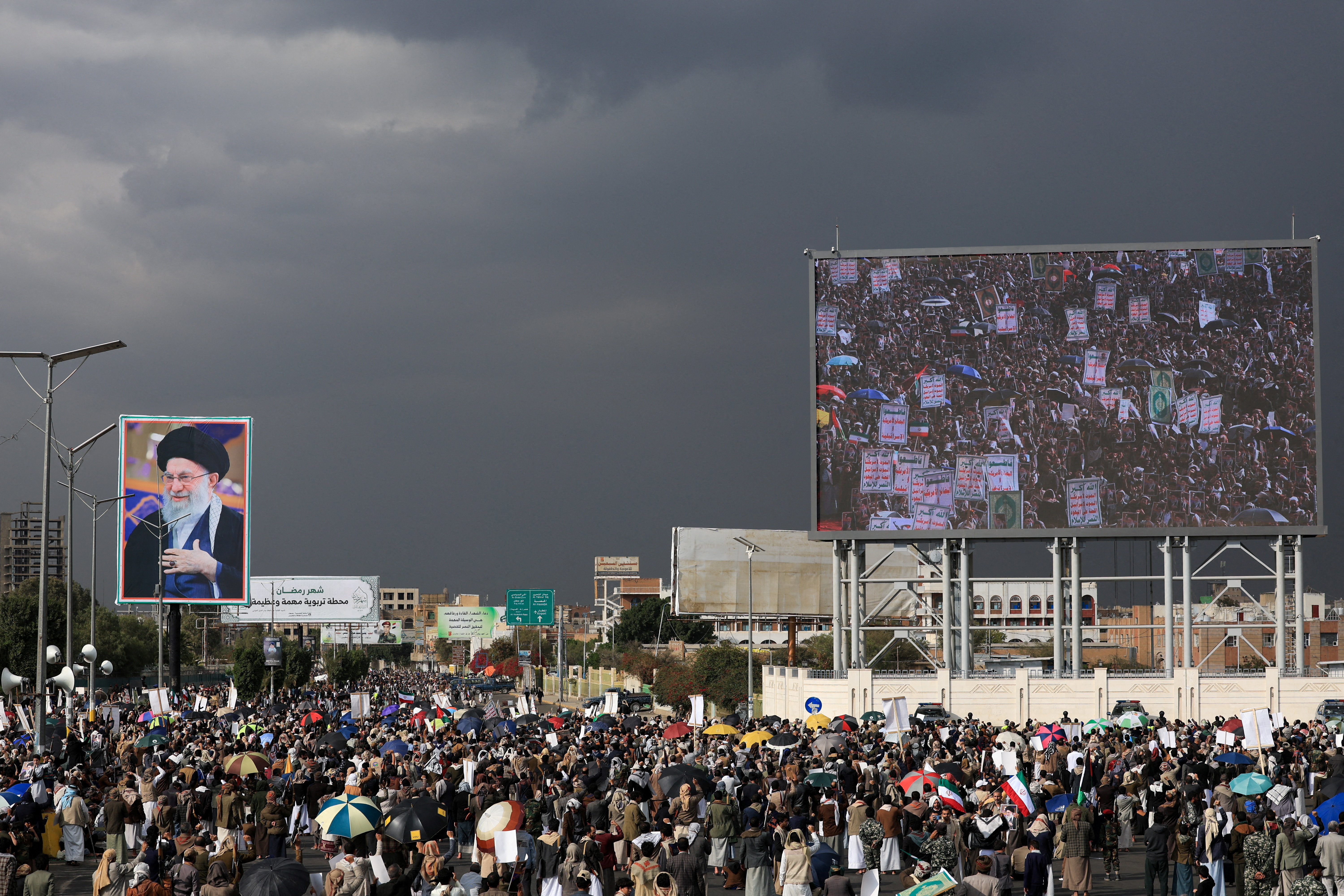 People protest after Israel and the U.S. launched strikes on Iran, in Sanaa