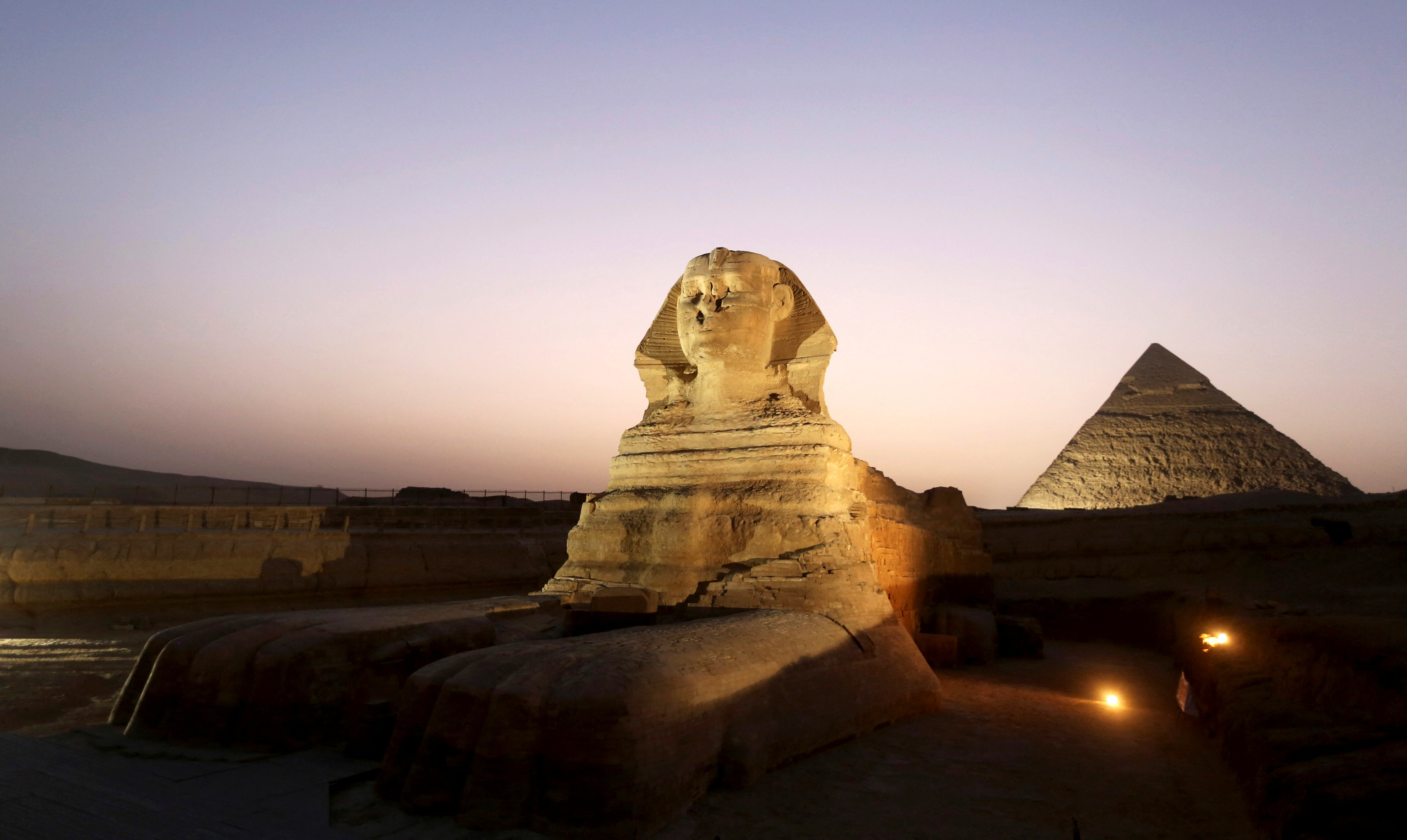 FILE PHOTO: The sphinx is pictured near the pyramids of Menkaure and Khafre in Giza