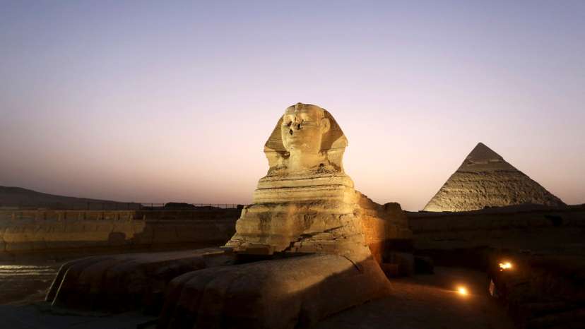 FILE PHOTO: The sphinx is pictured near the pyramids of Menkaure and Khafre in Giza