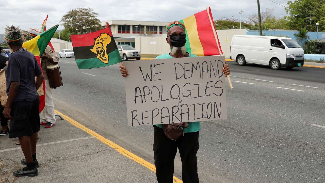 FILE PHOTO: Jamaican protesters demand slavery reparations ahead of Royal Family visit, in Kingston