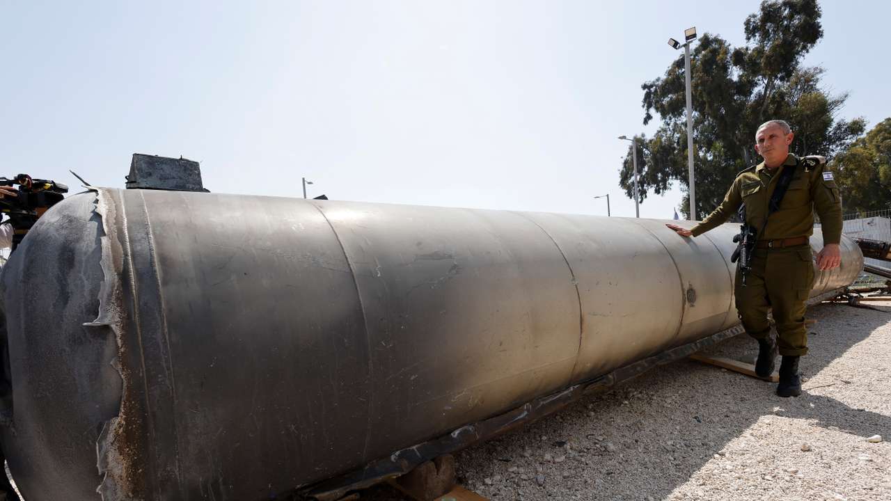 Israel's military displays what they say is an Iranian ballistic missile which they retrieved from the Dead Sea