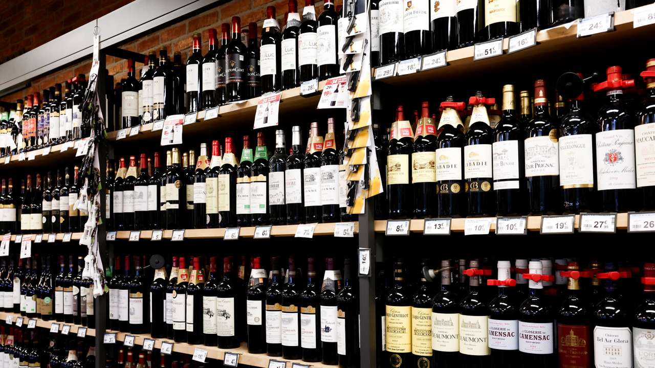 Bottles of French wine for sale in a supermarket in Paris