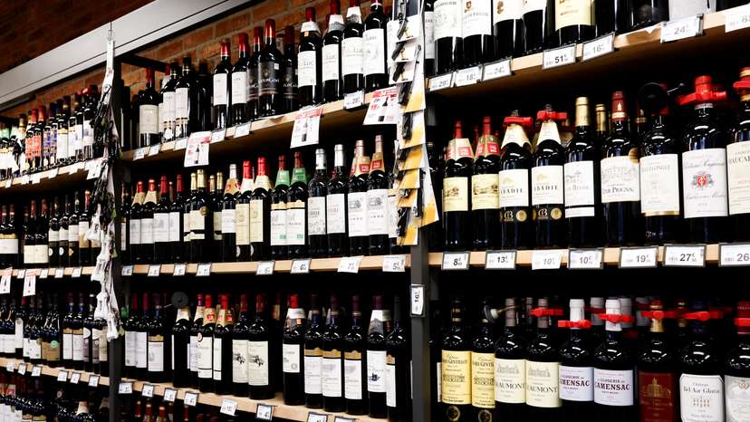 Bottles of French wine for sale in a supermarket in Paris