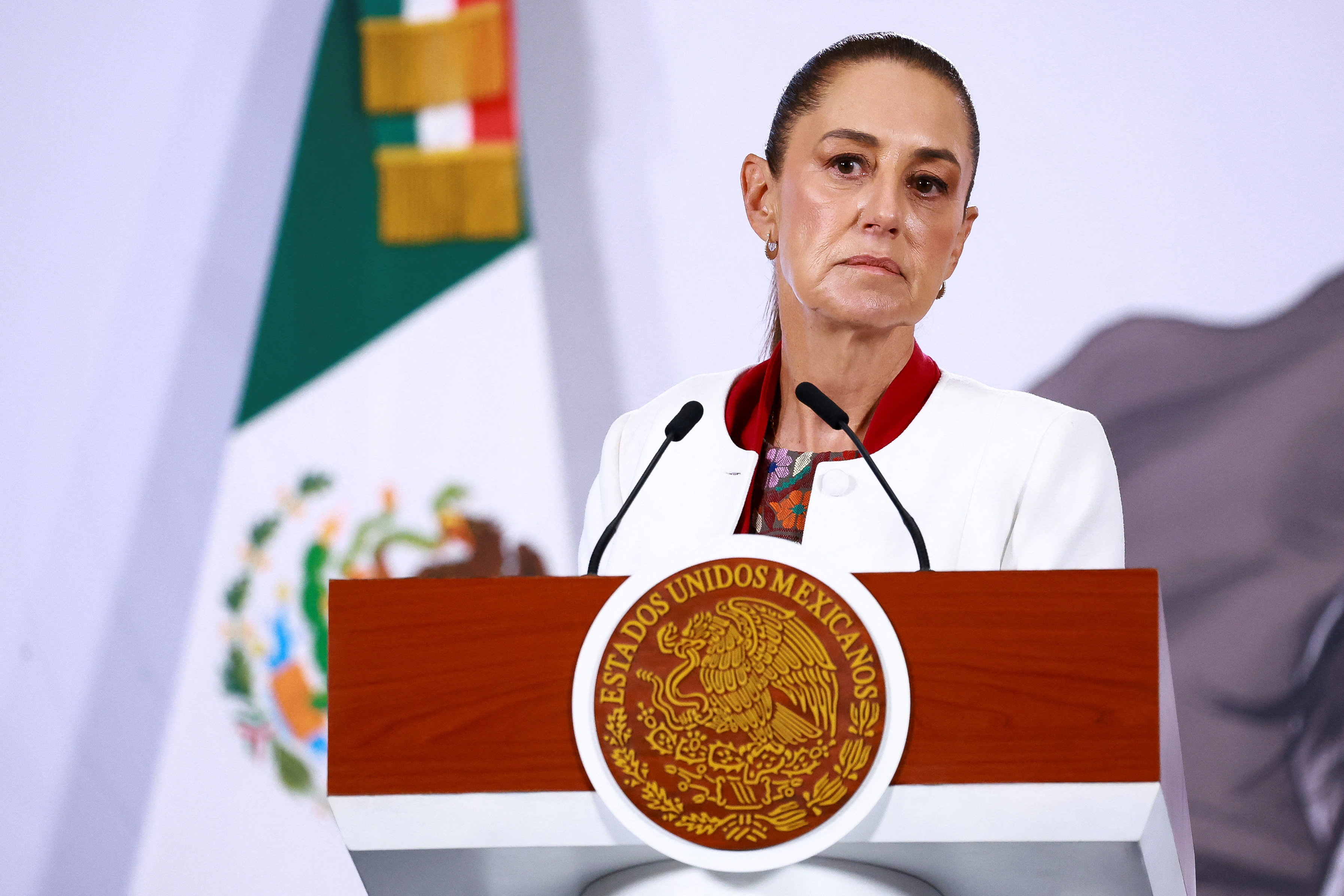 Mexican President Claudia Scheinbaum holds her morning press conference, at Palacio Nacional, in Mexico City