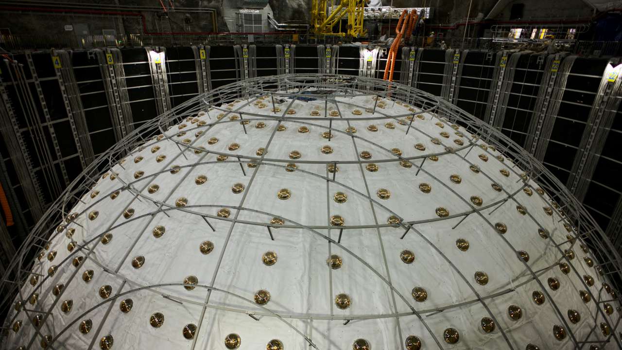 FILE PHOTO: A view of the soon-to-be-completed and sealed central detector at the Jiangmen Underground Neutrino Observatory (JUNO), in Kaiping
